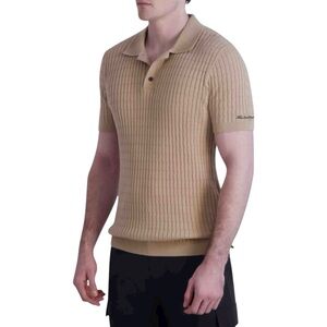 KARL LAGERFELD PARIS Beige Textured Polo Sweater w/ Signature Logo on Sleeve L